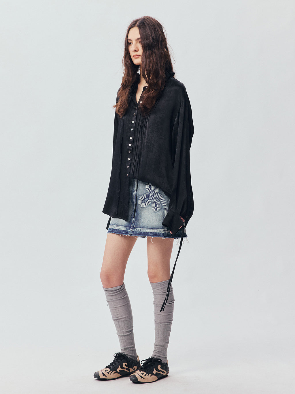 Bear Jacquard Ruffled Satin Shirt