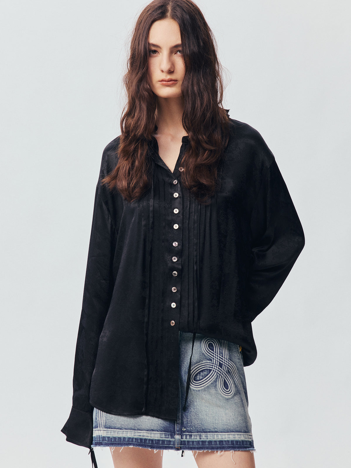 Bear Jacquard Ruffled Satin Shirt
