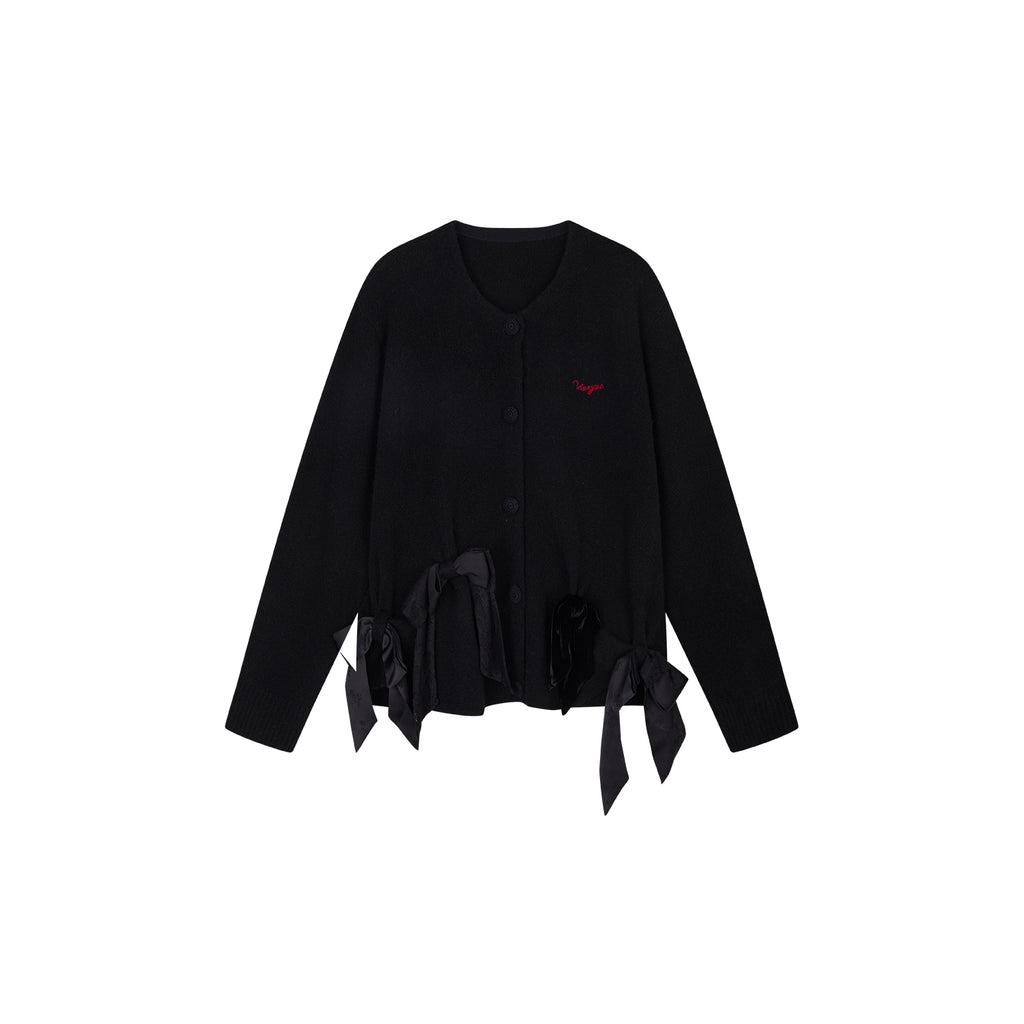 Mixed Material Bow Knit Cardigan