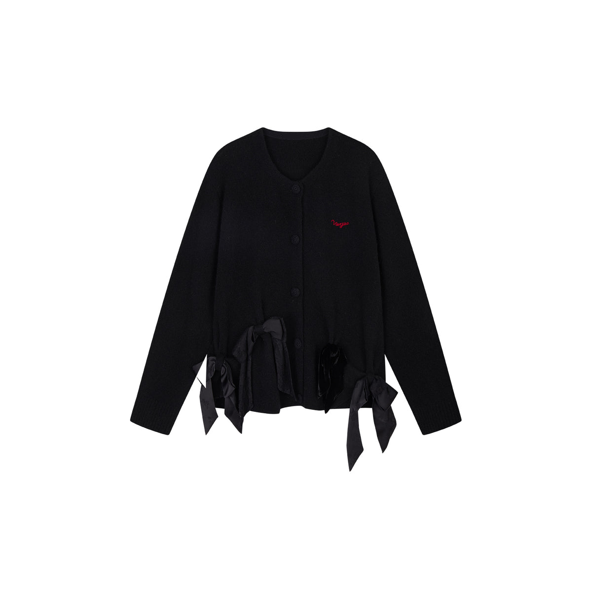 Mixed Material Bow Knit Cardigan