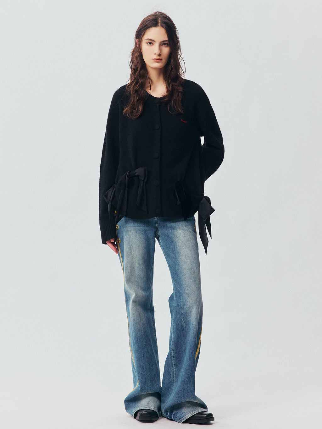 Mixed Material Bow Knit Cardigan