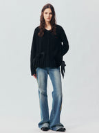 Mixed Material Bow Knit Cardigan