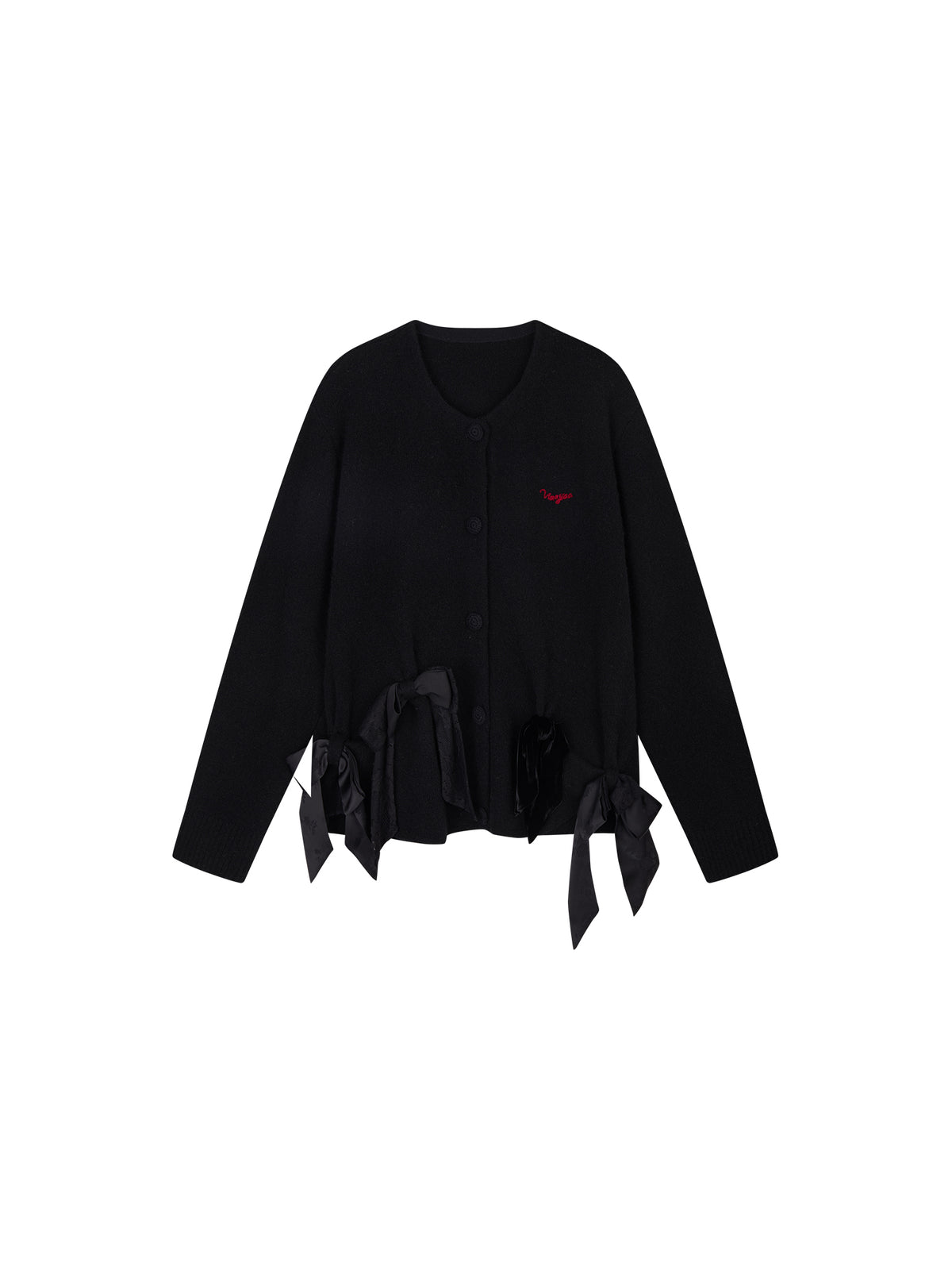 Mixed Material Bow Knit Cardigan