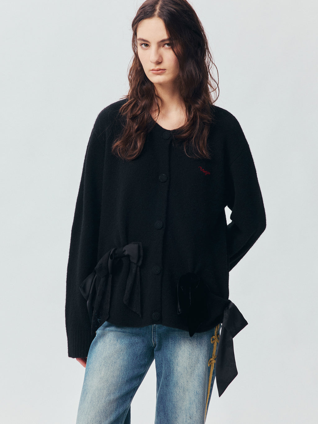 Mixed Material Bow Knit Cardigan