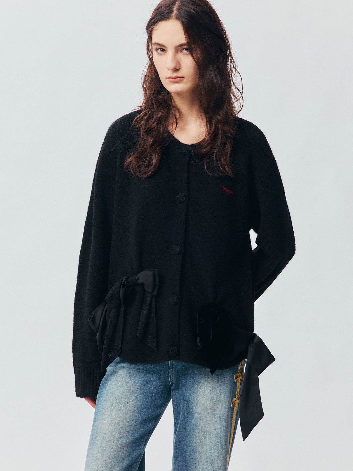 Mixed Material Bow Knit Cardigan