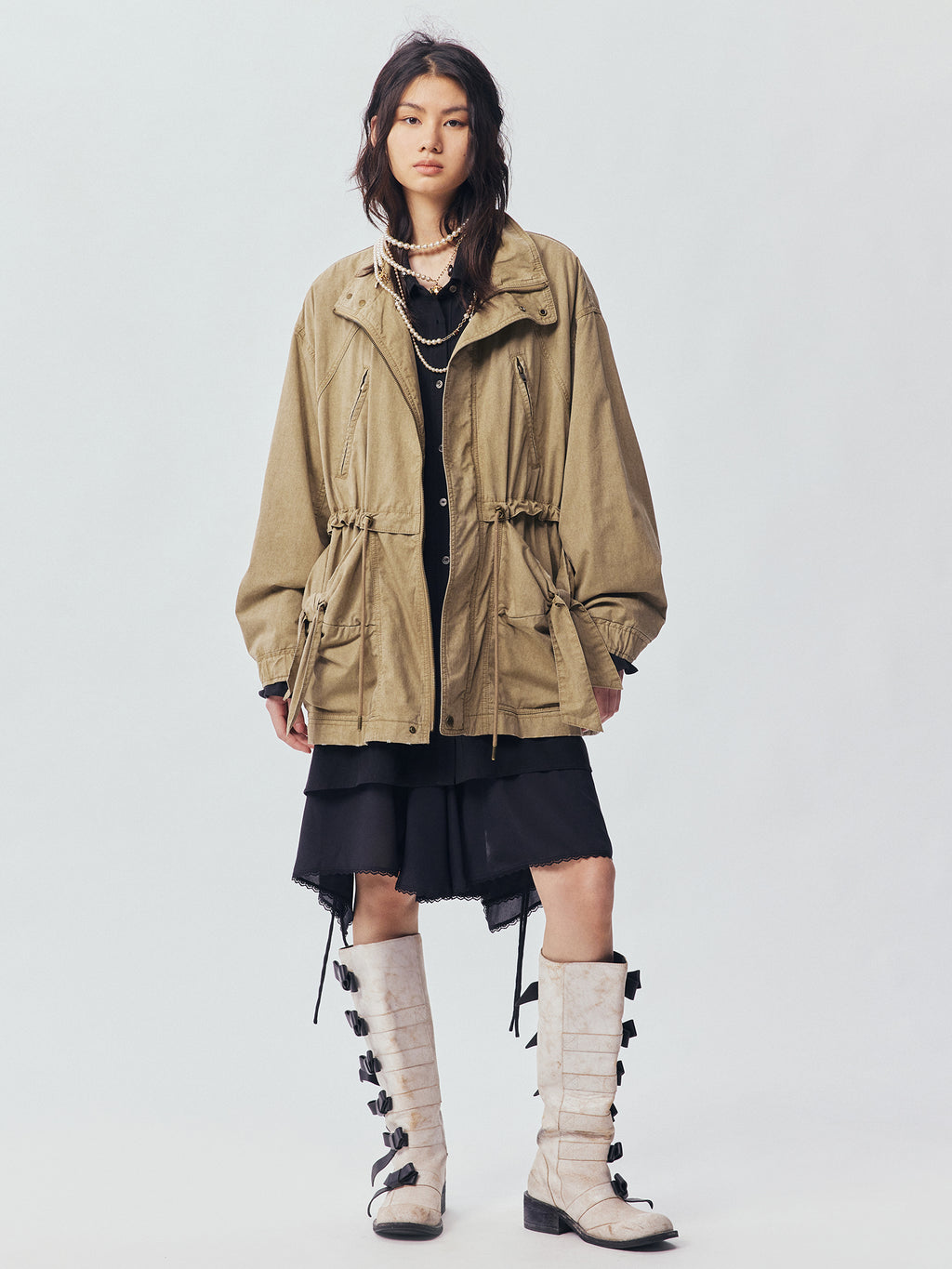 Washed Bow Pocket Padded Parka