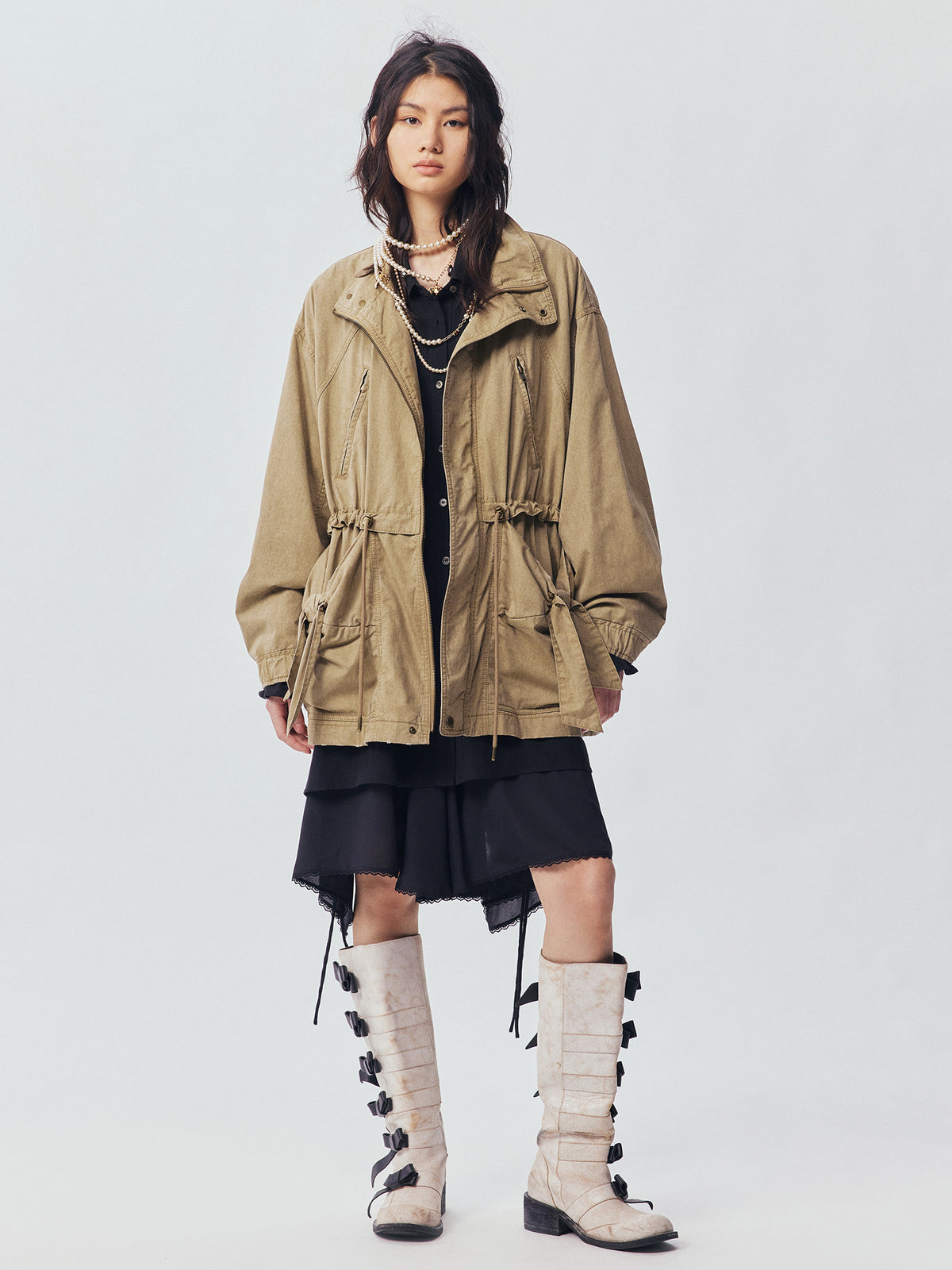 Washed Bow Pocket Padded Parka