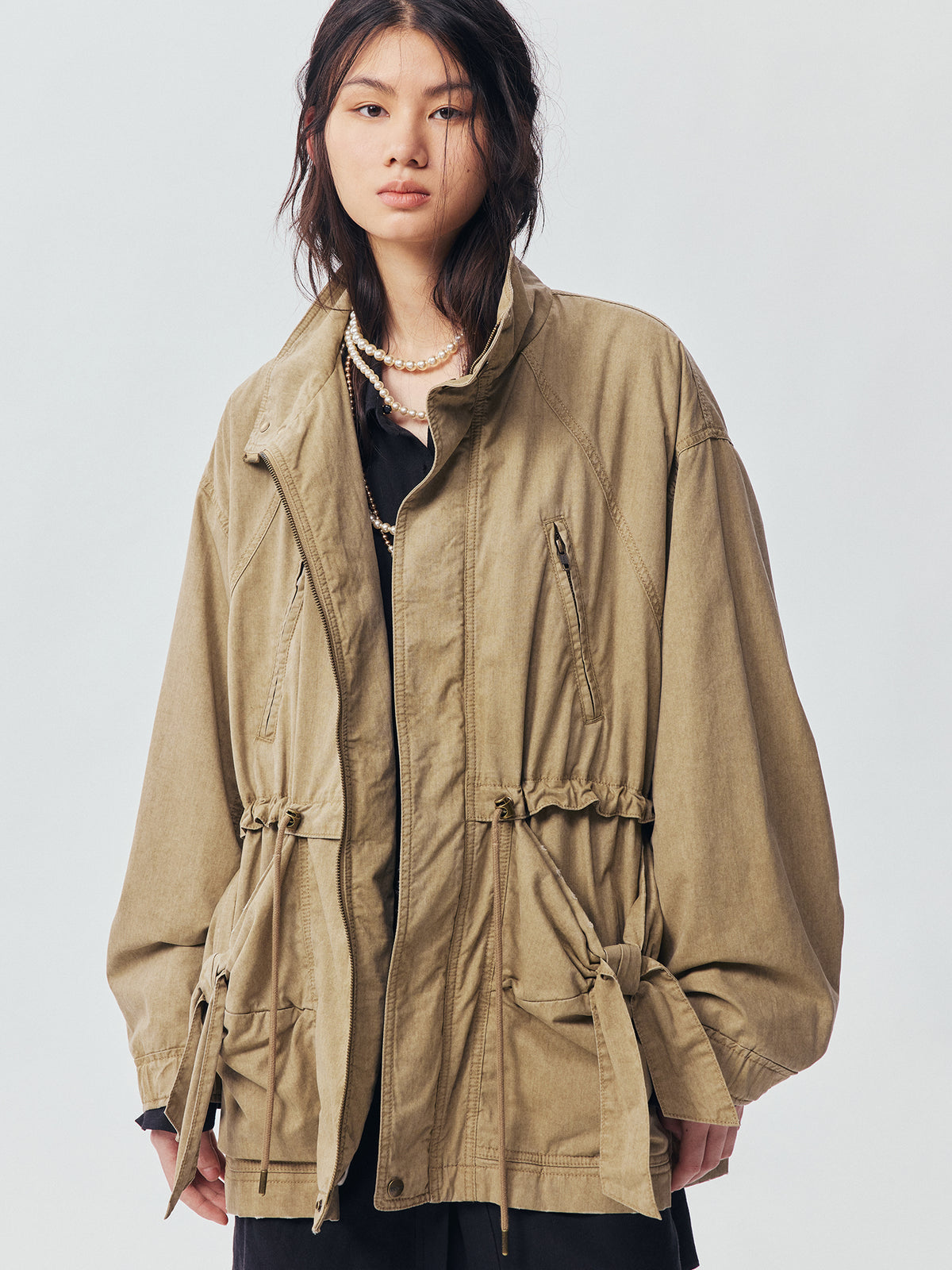 Washed Bow Pocket Padded Parka