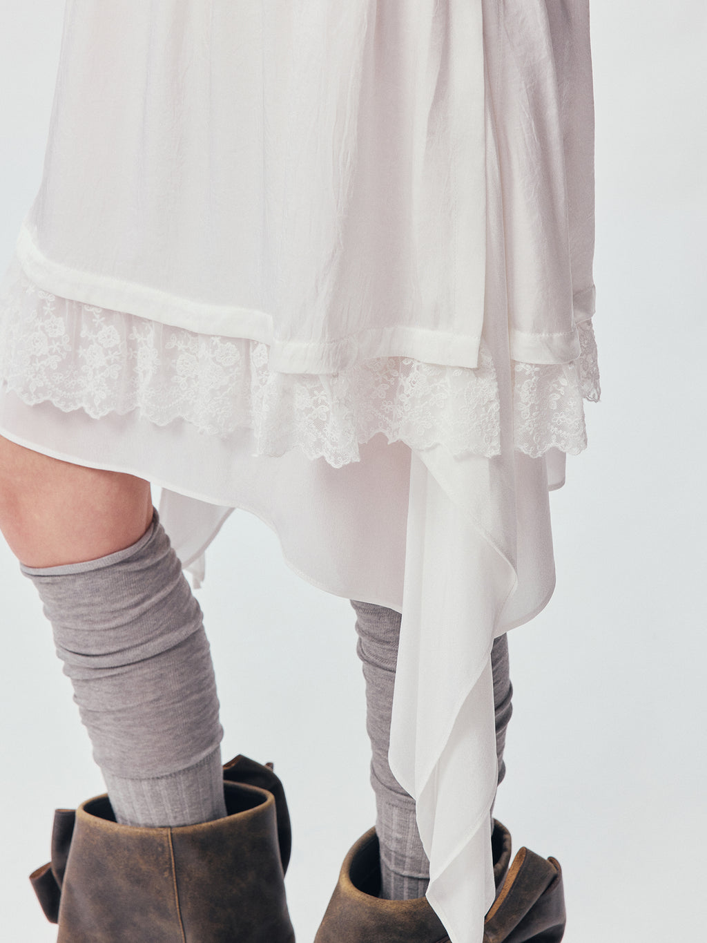 Beige Flowing Tiered Lace Skirt