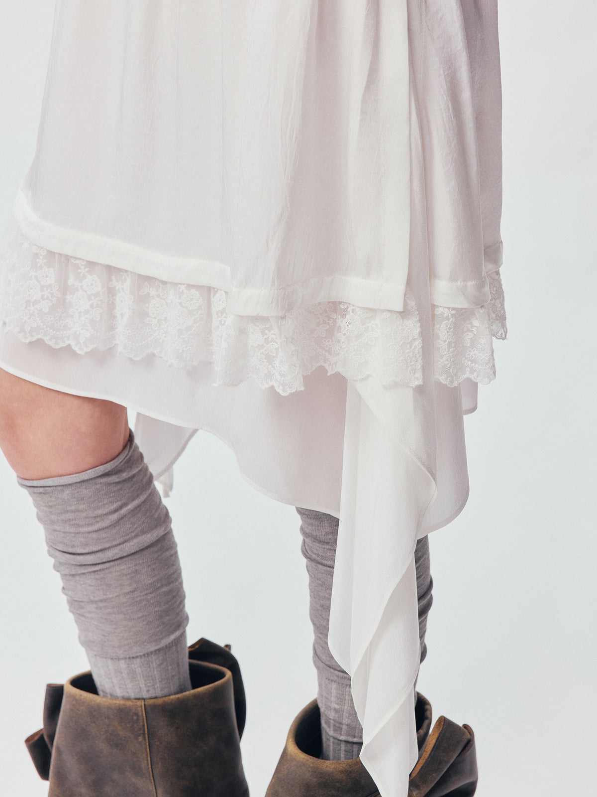 Beige Flowing Tiered Lace Skirt
