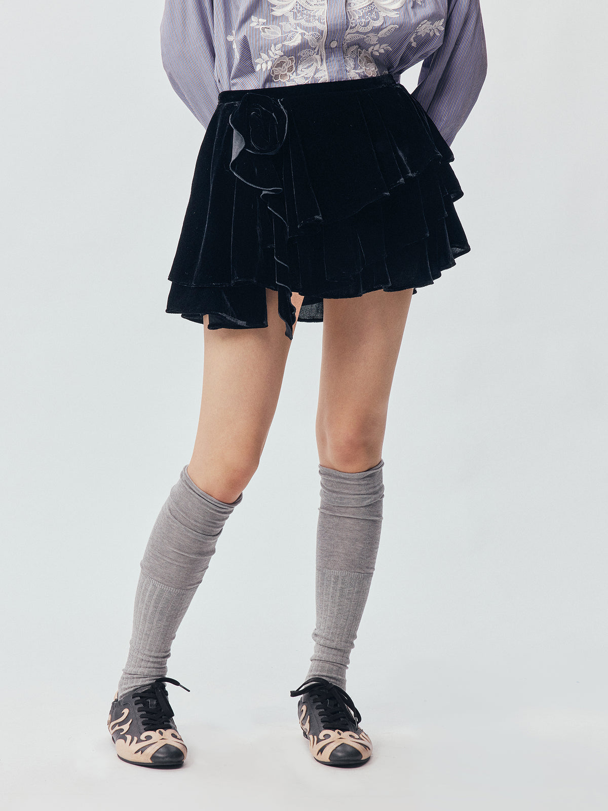 Sculpted Flower Tiered Velvet Mini Skirt