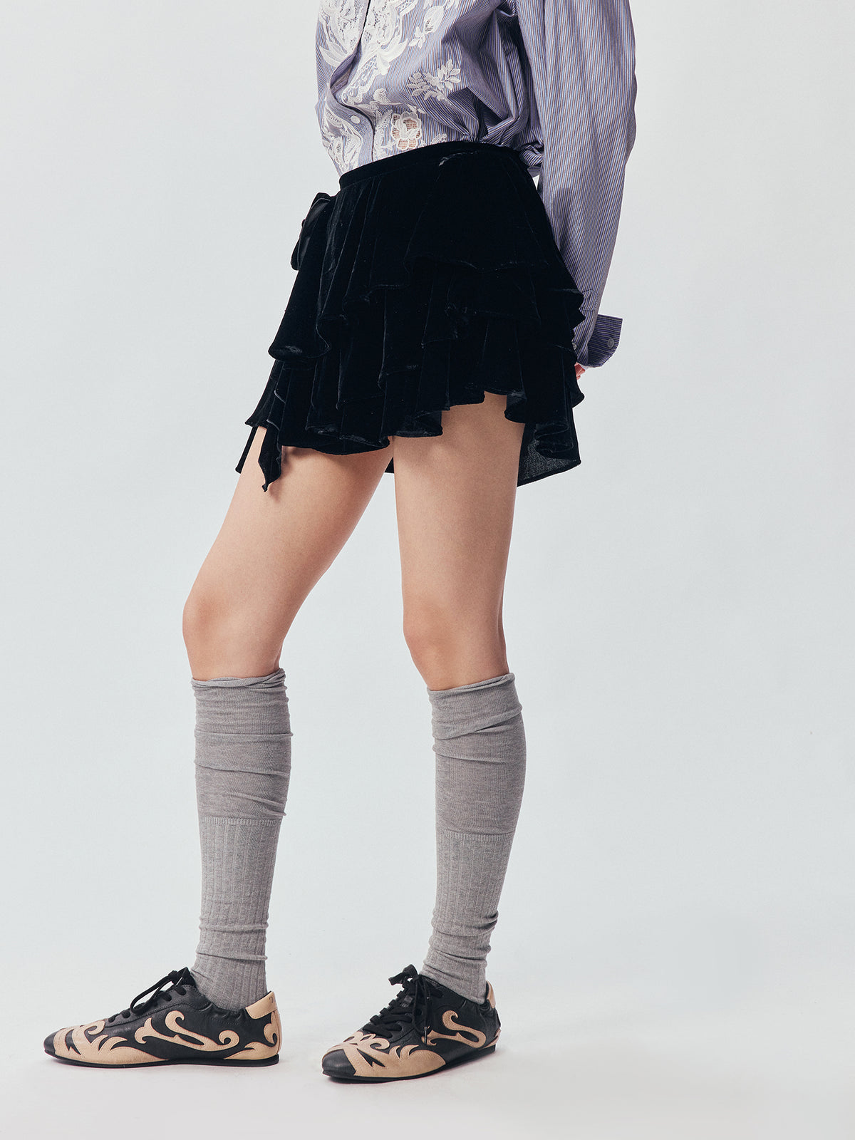 Sculpted Flower Tiered Velvet Mini Skirt