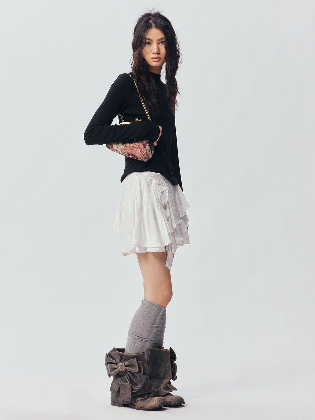 Sculpted Flower Tiered Satin Mini Skirt