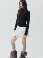 Sculpted Flower Tiered Satin Mini Skirt