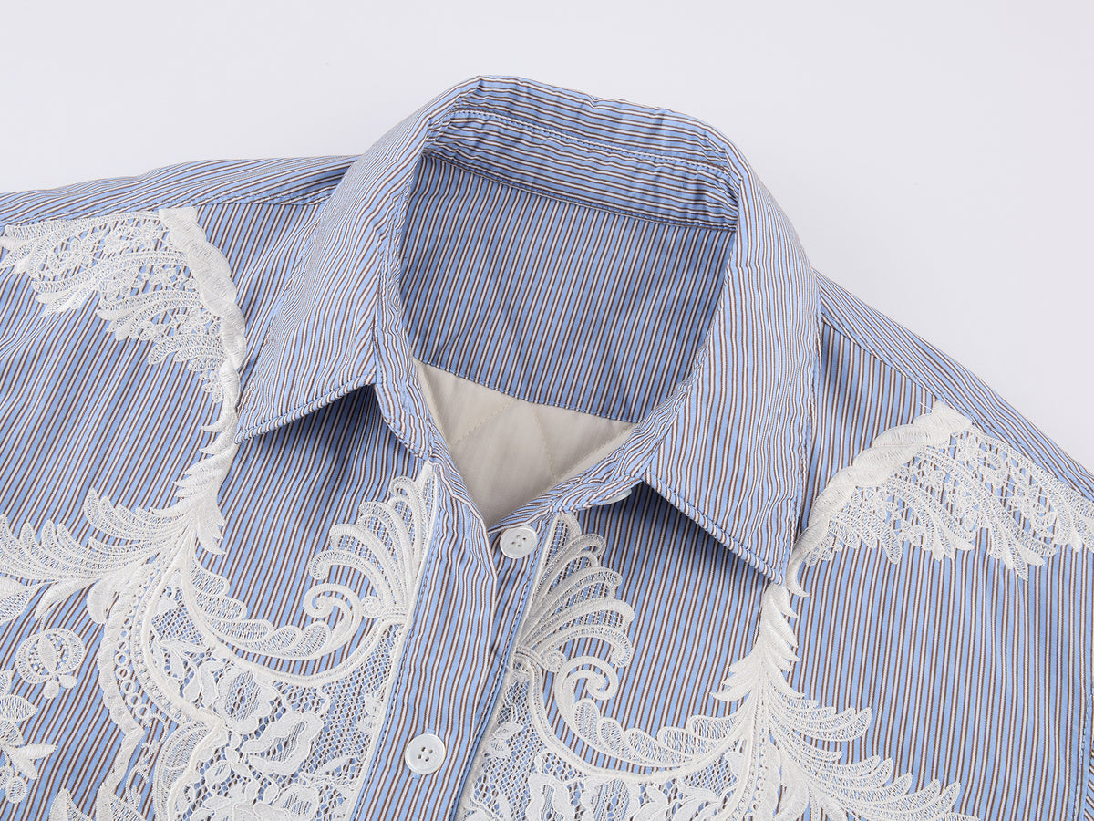 Lace Embroidered Striped Padded Shirt Jacket