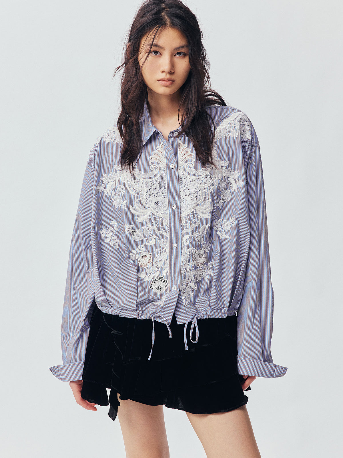 Lace Embroidered Striped Shirt