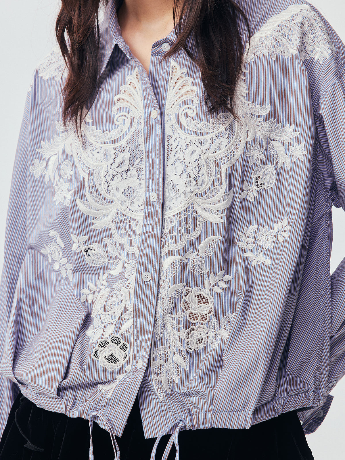 Lace Embroidered Striped Shirt