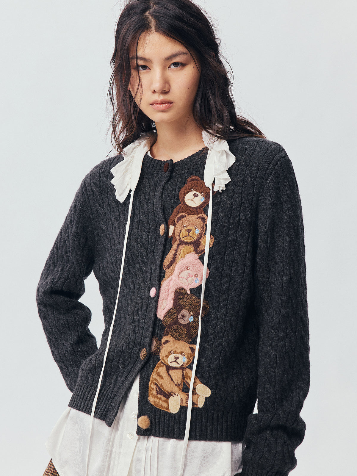 Petty Teddy Embroidered Cable Knit Cardigan