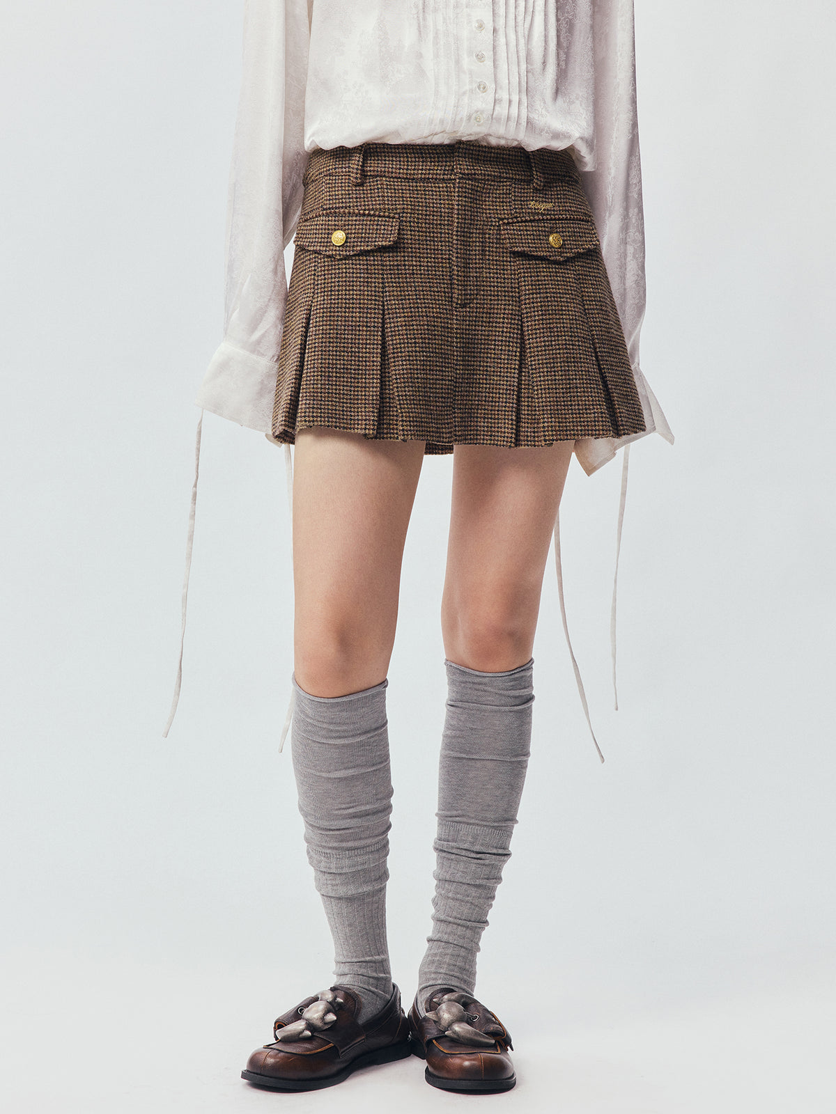Military Button Wool Pleated Mini Skirt