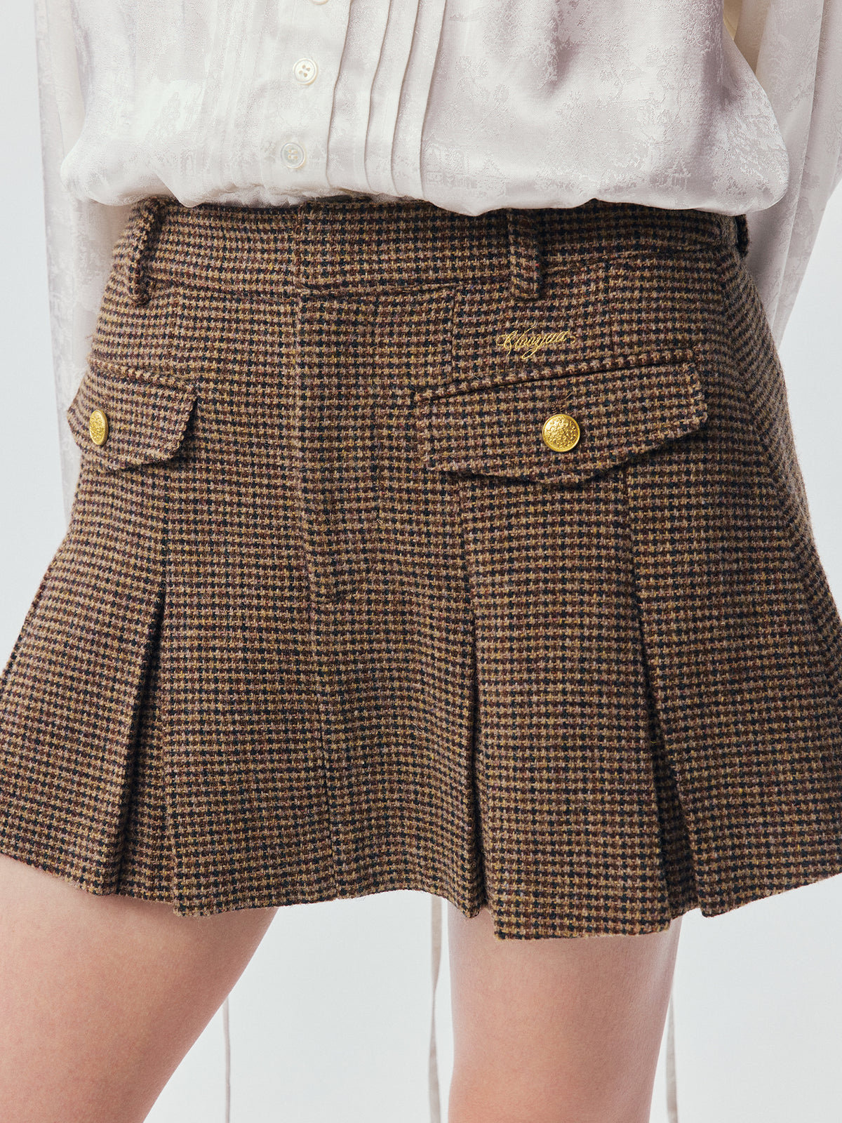 Military Button Wool Pleated Mini Skirt