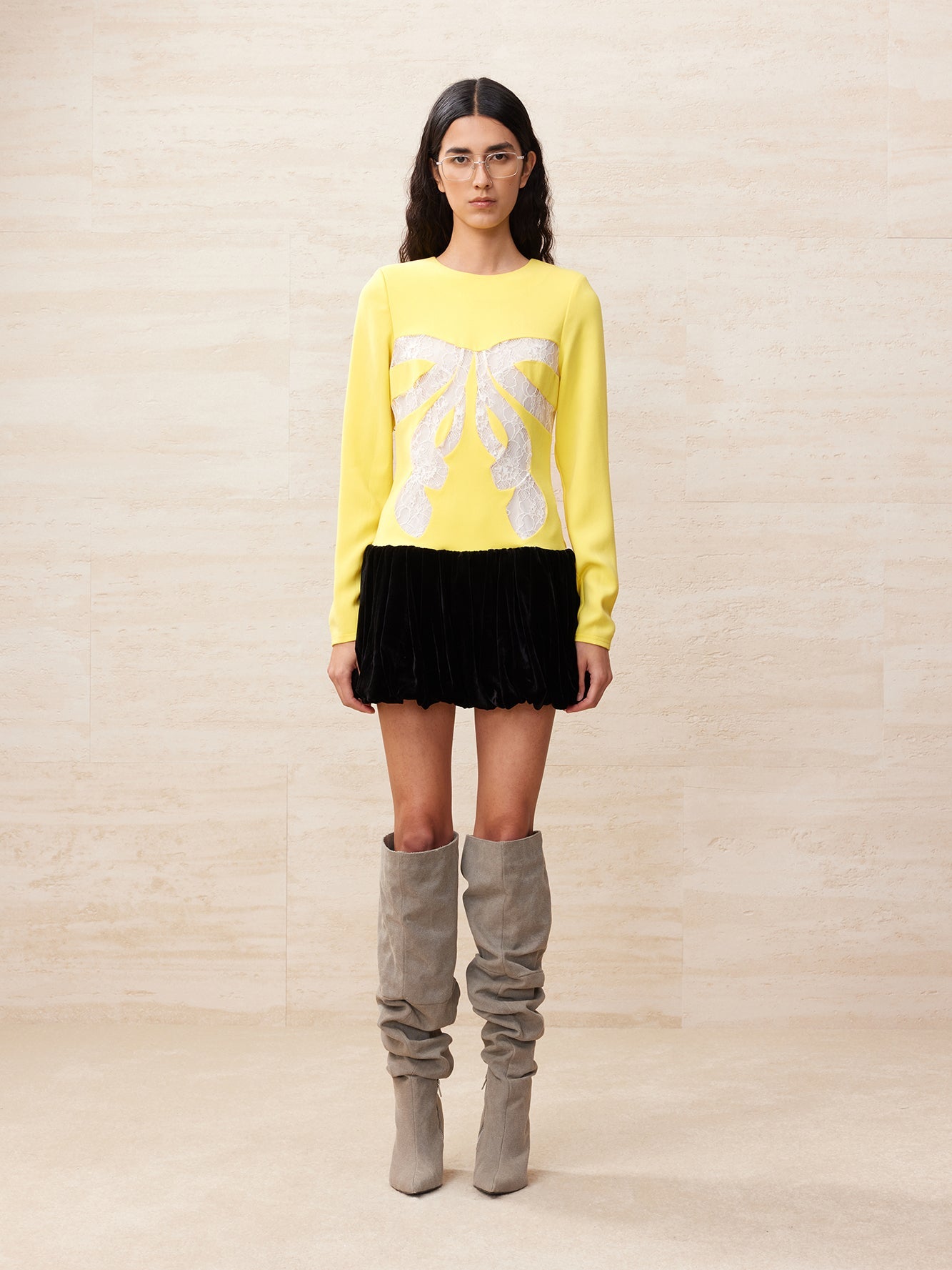 Lace bowknot spliced yellow dress