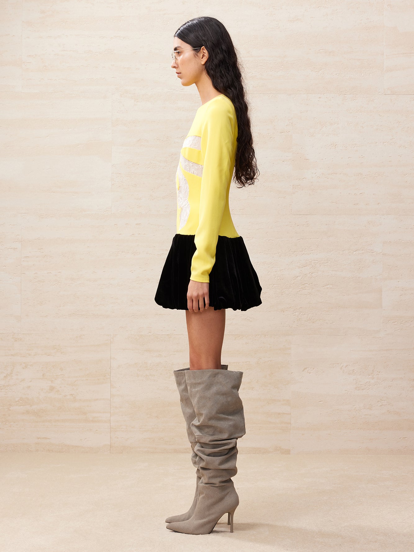 Lace bowknot spliced yellow dress