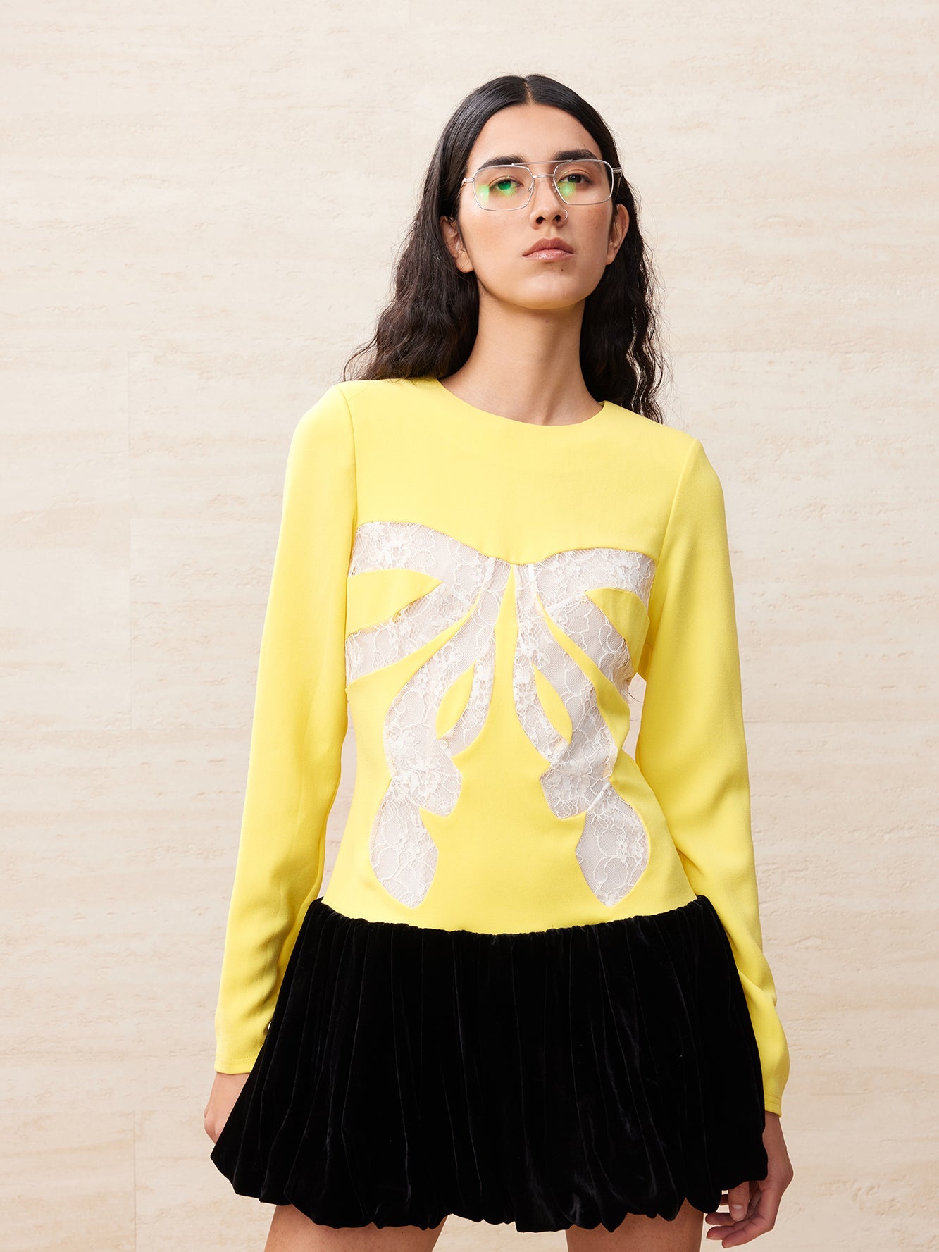 Lace bowknot spliced yellow dress