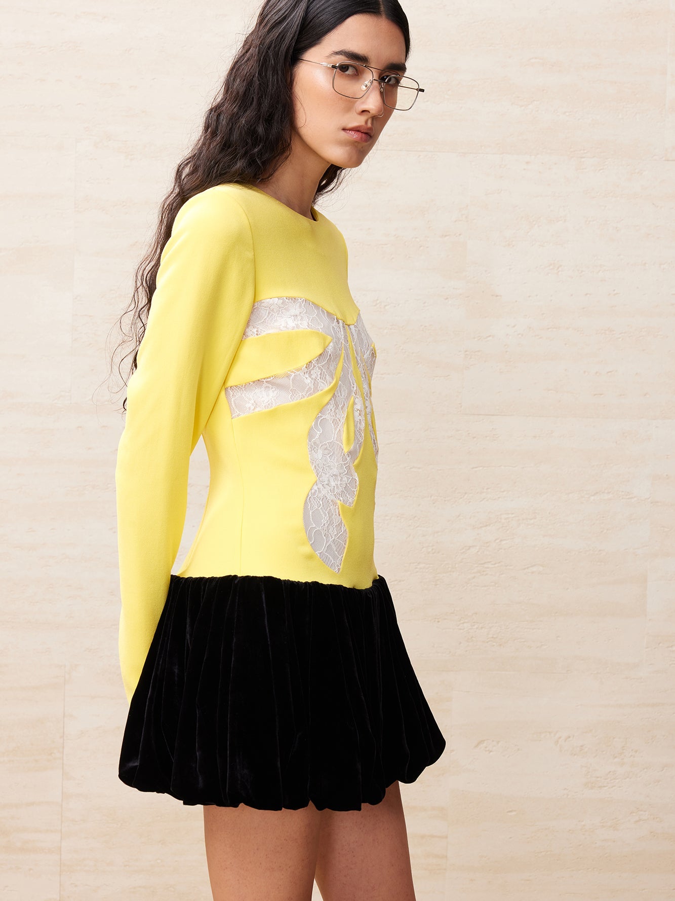 Lace bowknot spliced yellow dress