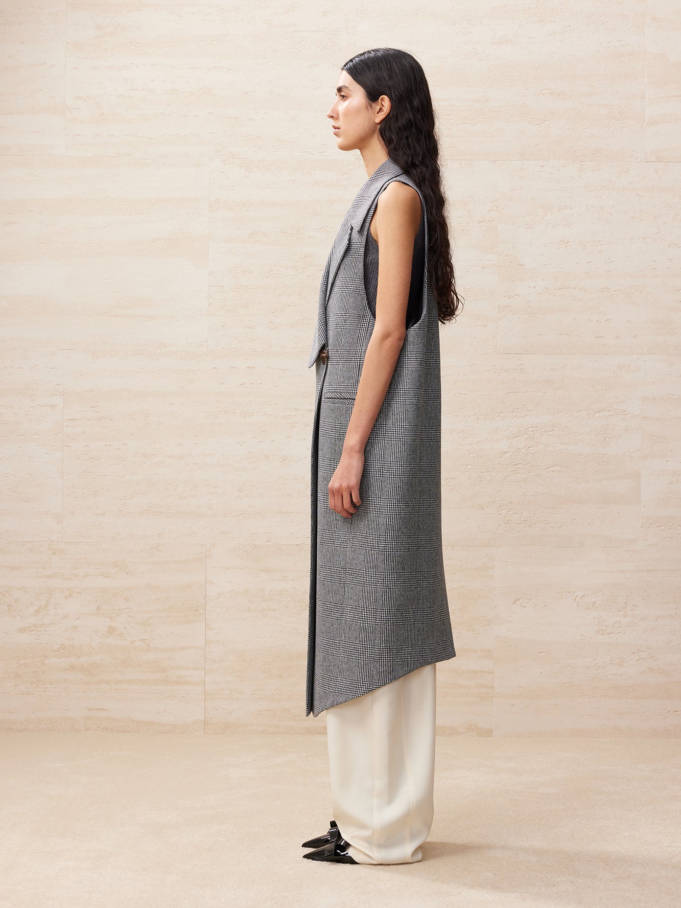 Houndstooth irregular collar long vest