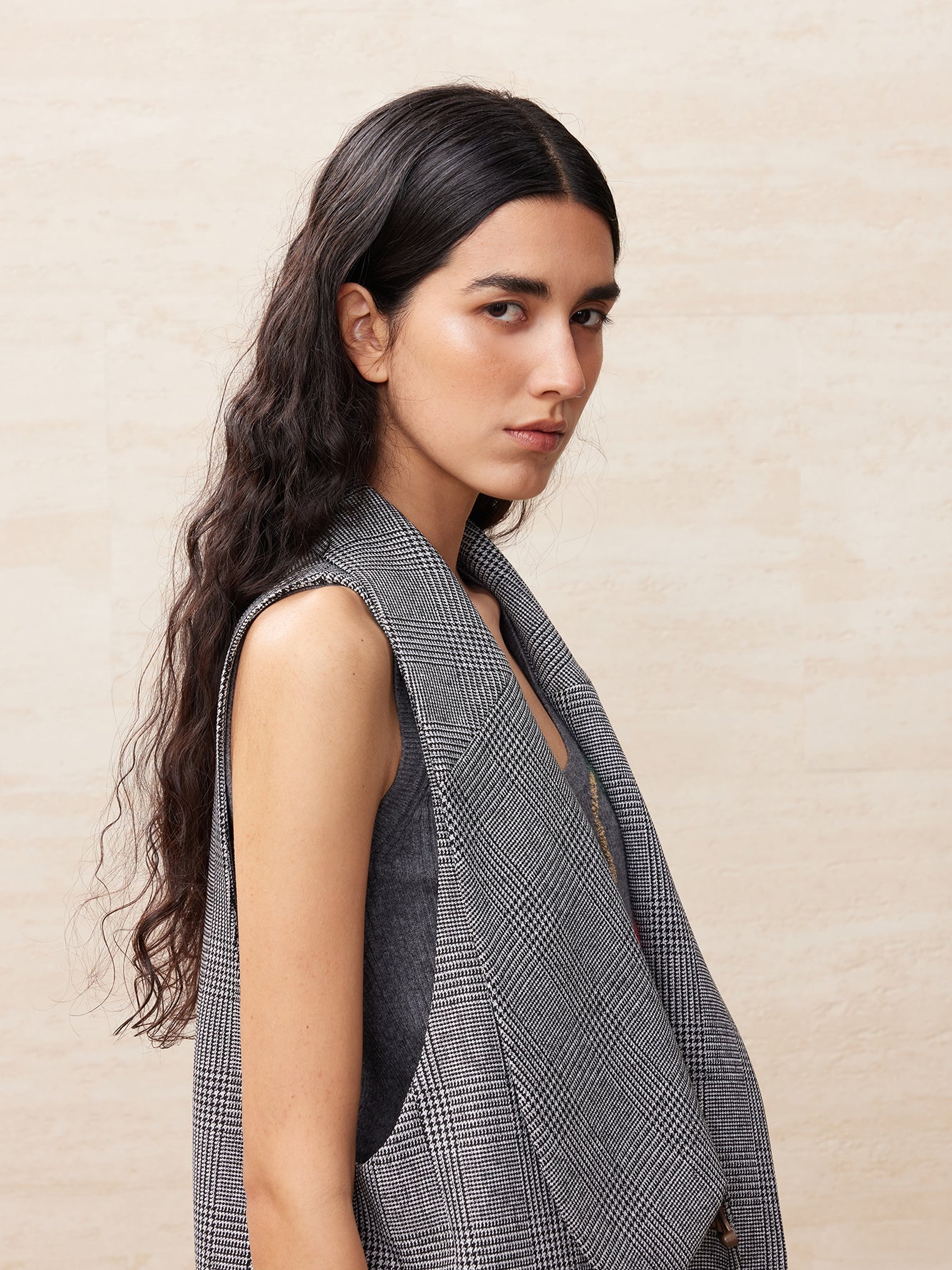 Houndstooth irregular collar long vest