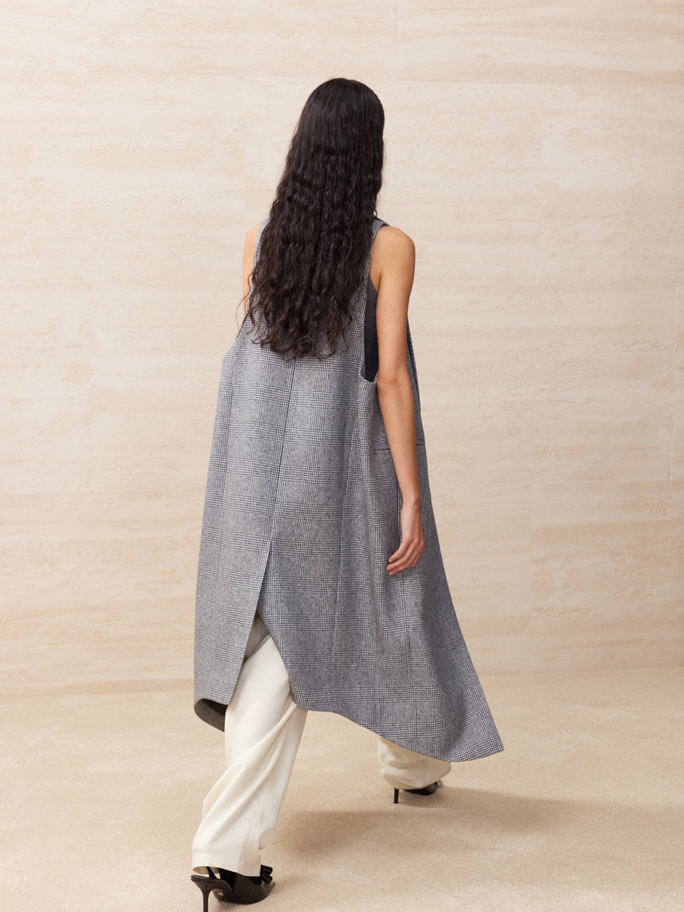 Houndstooth irregular collar long vest