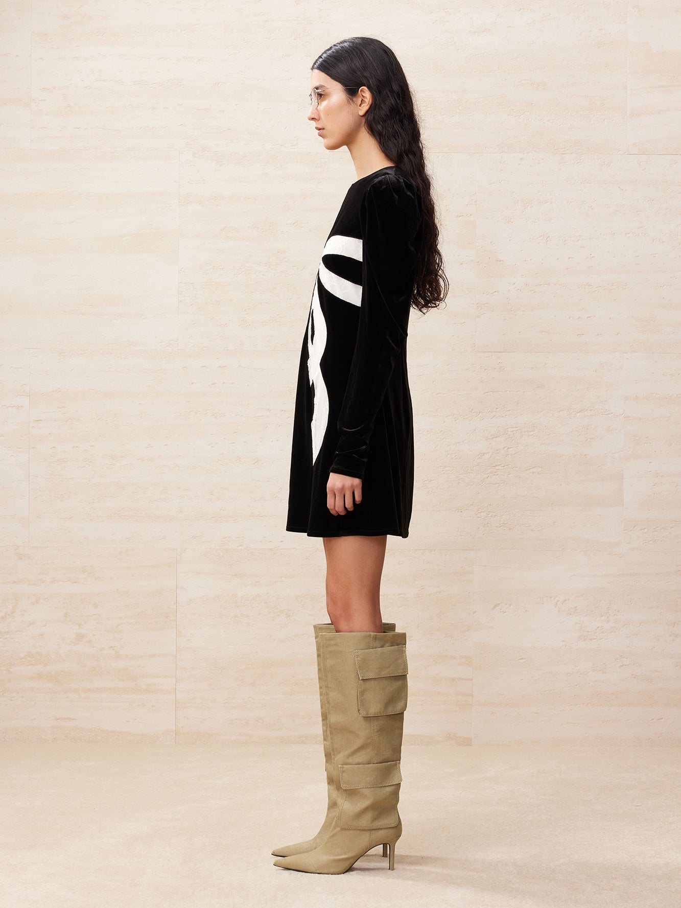 Lace bowknot spliced velvet minidress