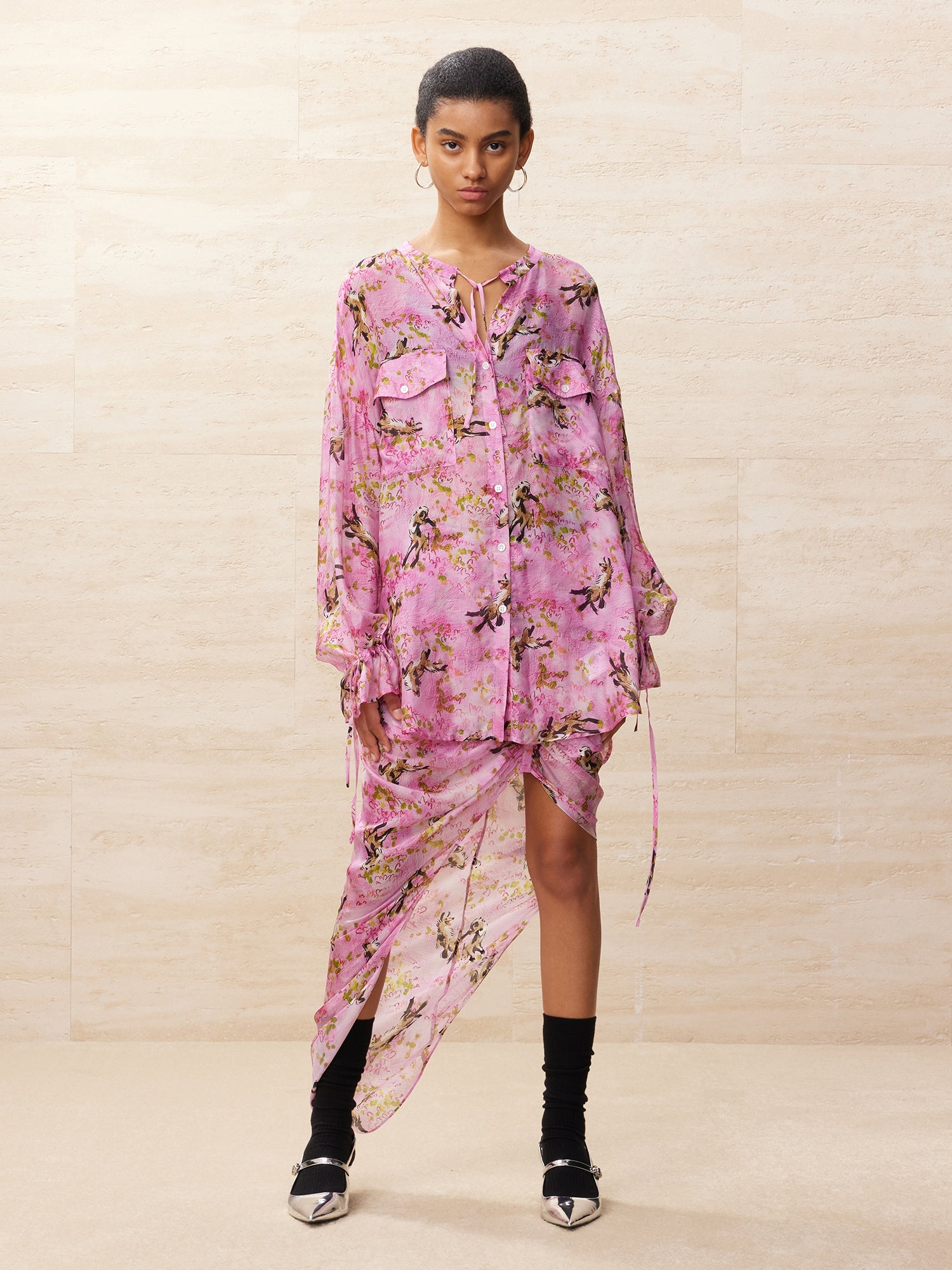 Puppy patterned rose pink draped skirt