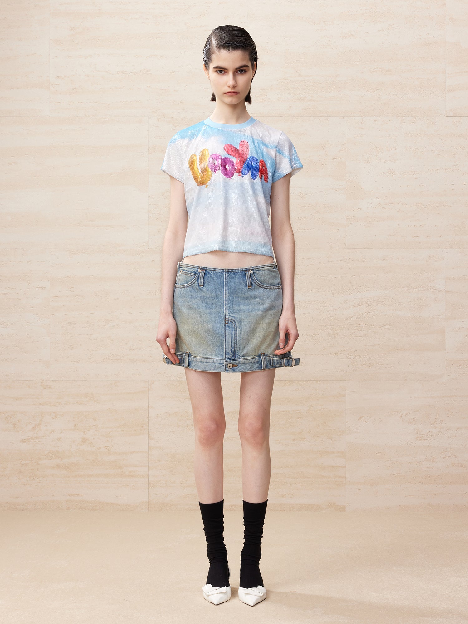 Deconstructed washed denim skirt