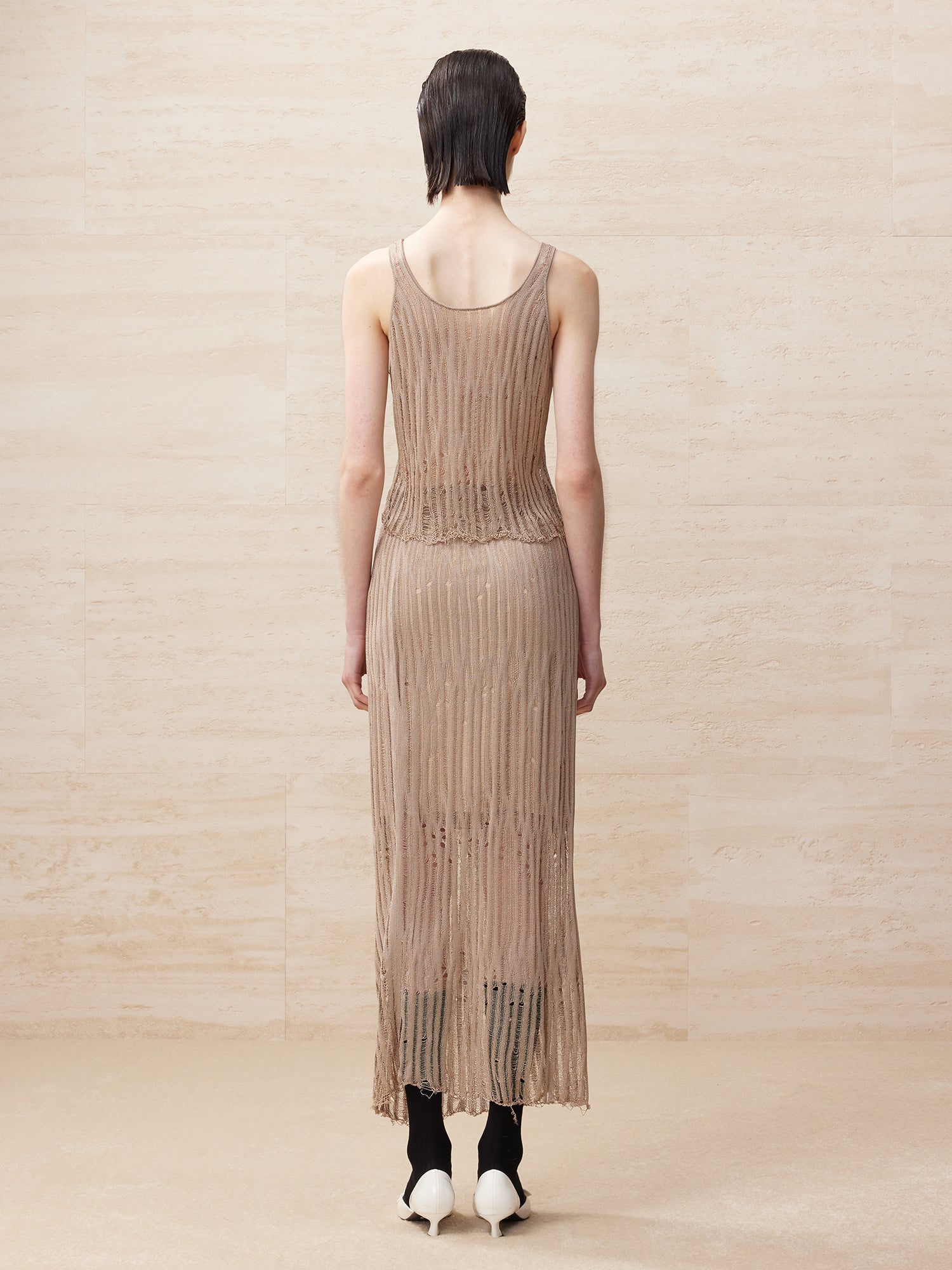 Knitted striped raw edge long skirt