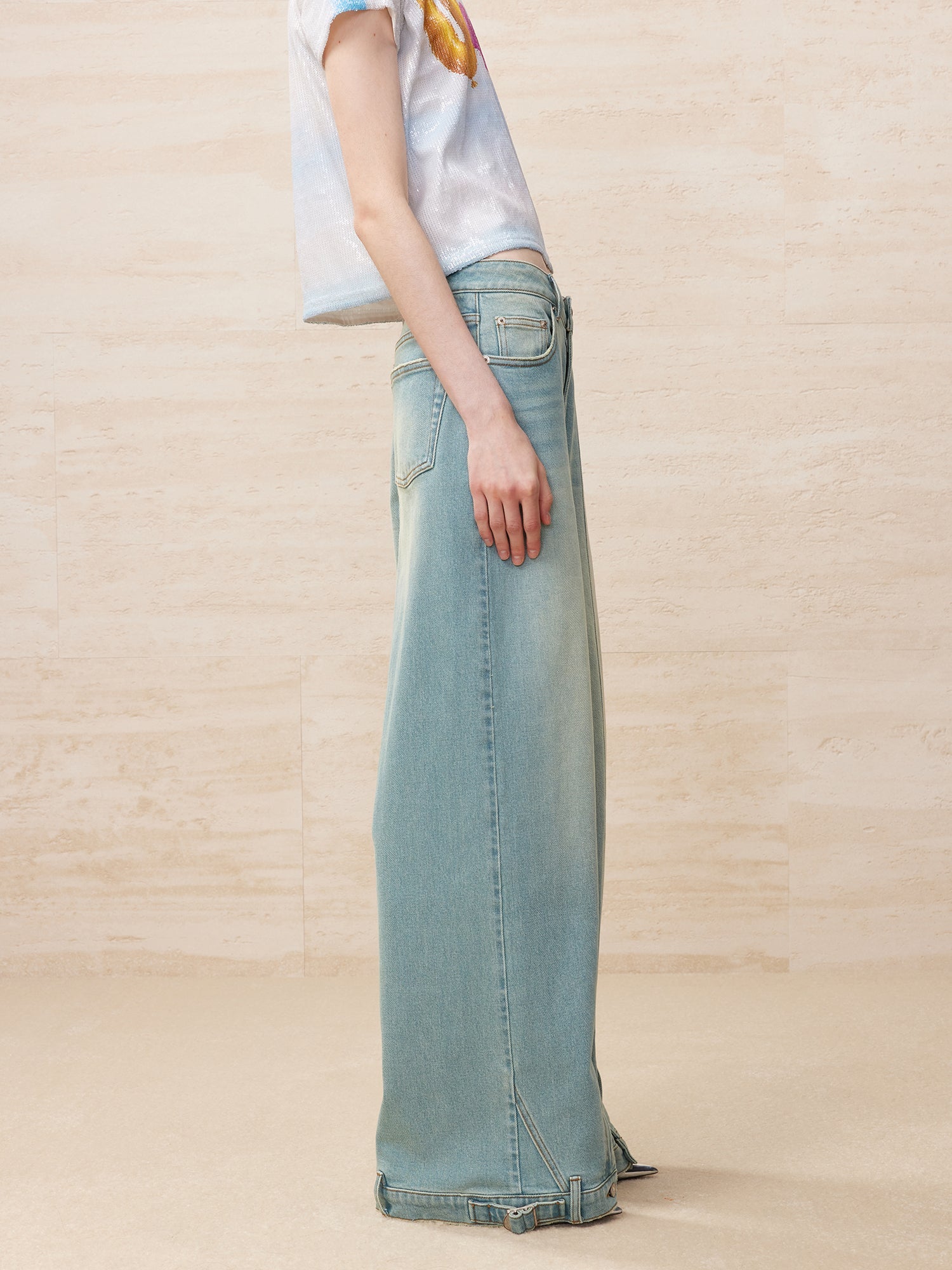 Deconstructed washed wide leg jeans