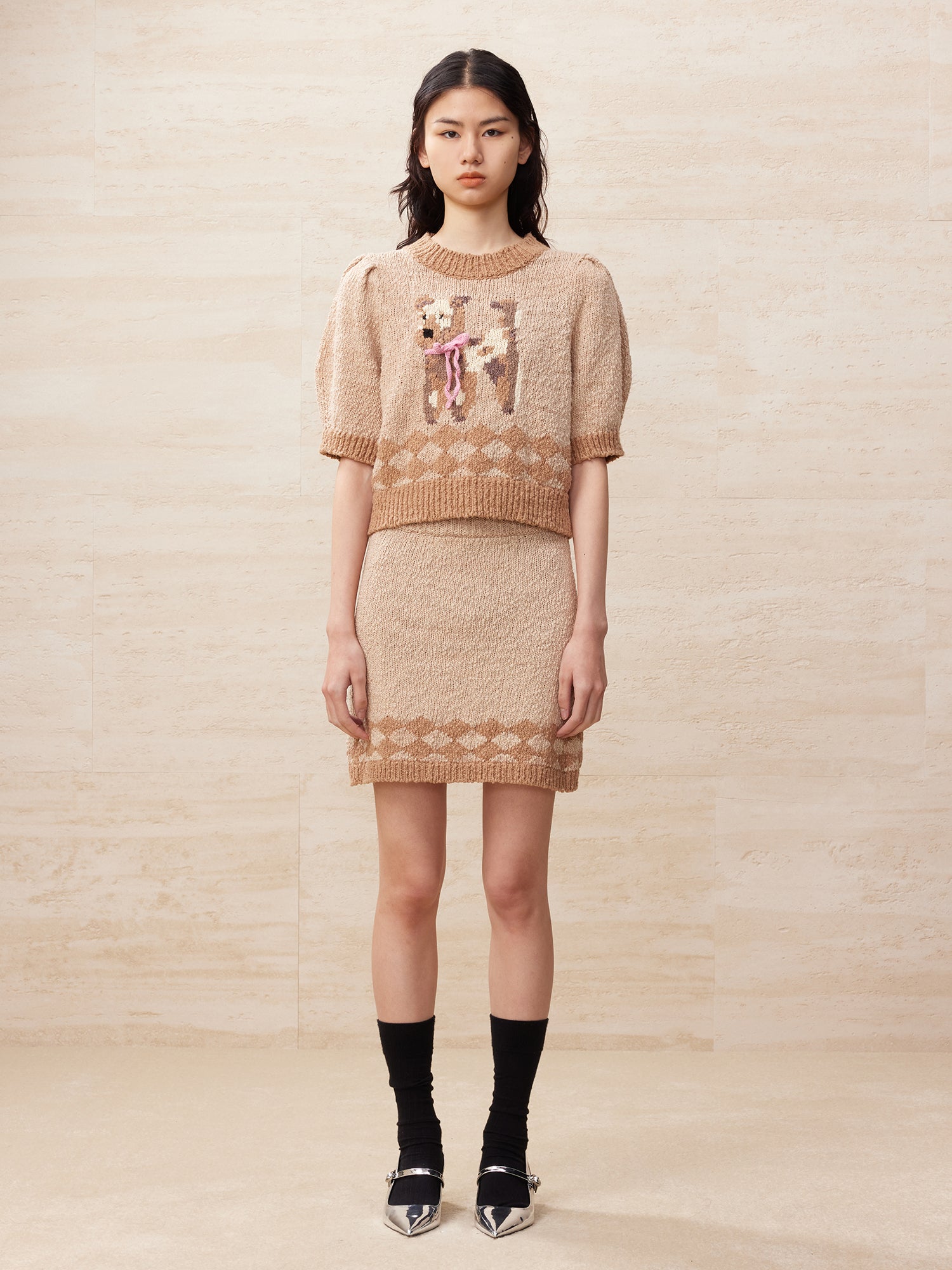 Khaki knitted diamond patterned skirt