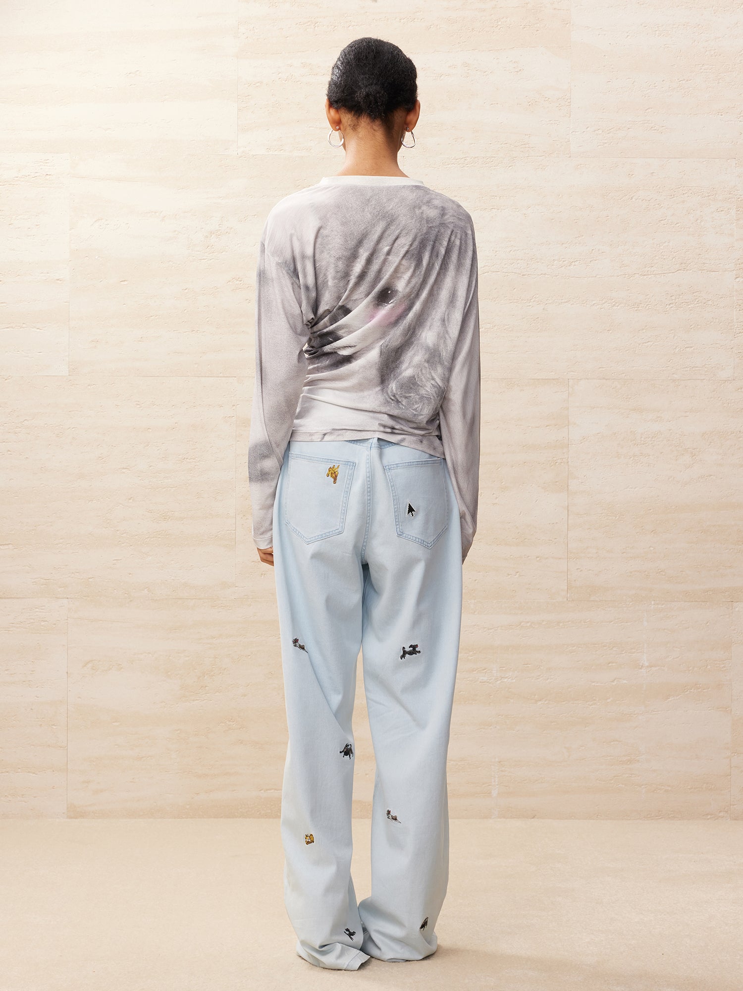 Puppy printed draped long-sleeved t-shirt