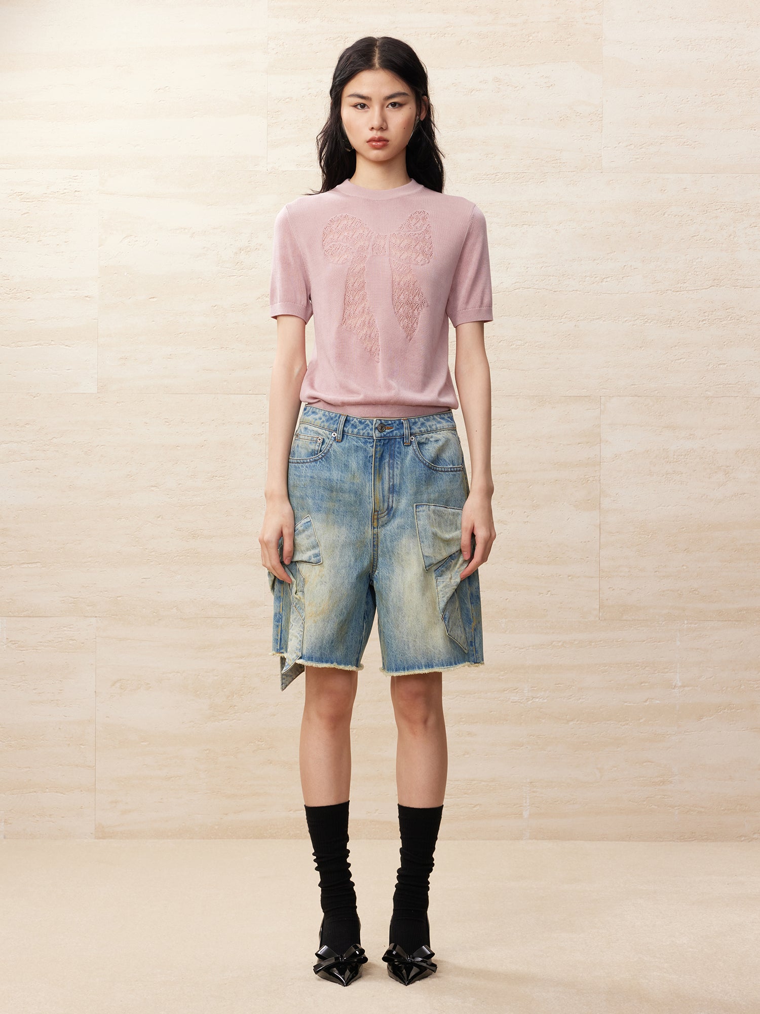 Vintage bowknot denim shorts