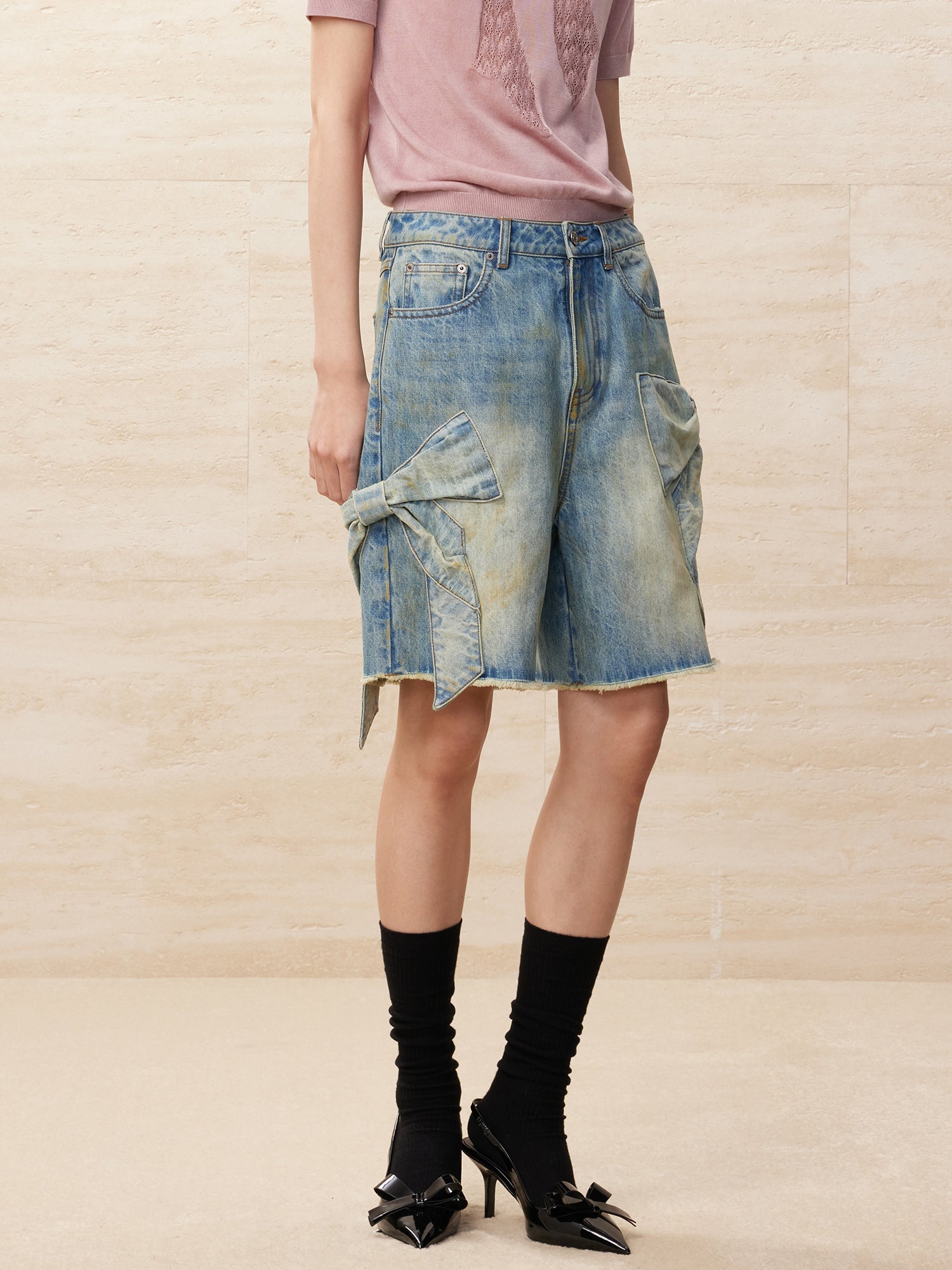 Vintage bowknot denim shorts